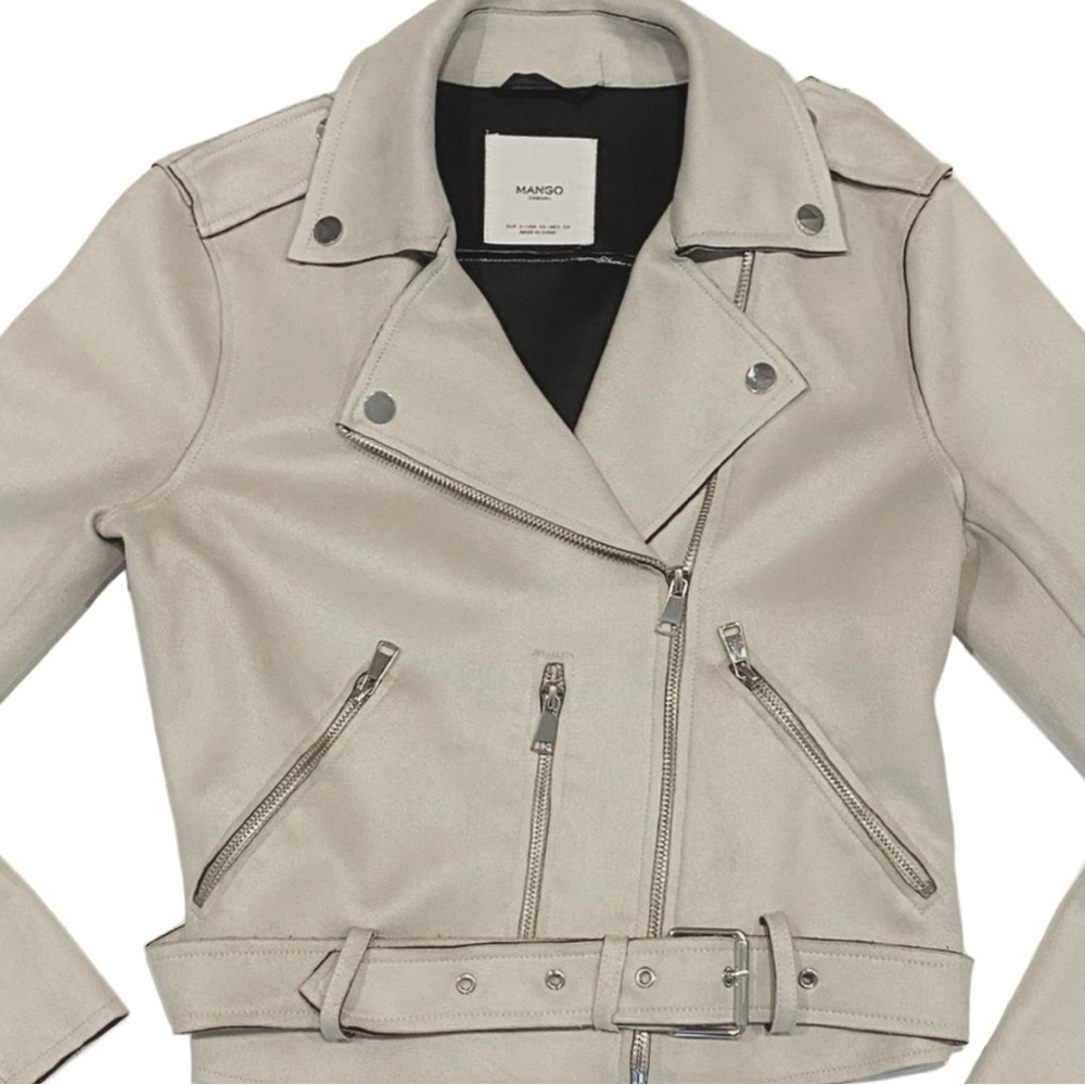 MANGO Cream Faux Suede Biker Moto Jacket - Picture 2 of 12